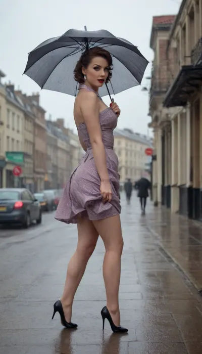 1 girl, pin-up, in 50s clothes, 50s dress, 50s skirt, 50s stockings, walking, walking down the street, in the rain, rain, strong wind, very strong wind, pulls out umbrella, dress lifted up by wind, skirt lifted up by wind, stockings visible, flash of stockings, no panties