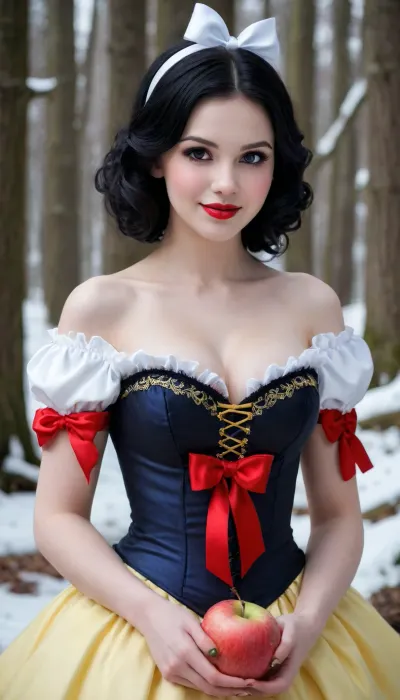 very beautiful Snow White, shoulder-length black hair, dark makeup, smiling, offers an apple, Gothic style, art, fantasy, drawing in the style of realistic anime, dark, Gothic, round breasts, cleavage, forest, bare shoulders, round face, big cheekbones, red bow on hair, white and pale skin