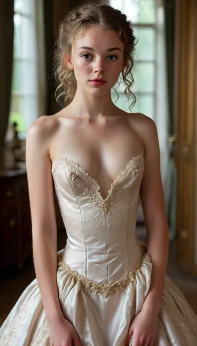 ((((((18th century satin glister evening ball gown with bare breasts and pussy showing, young fresh white firm breasts with tender excited nipples, splendor, lace, volume, puffiness, airiness, virginity, ripeness, open), (expression, "blood and milk", red cheeks from the shame of sex and shyness, drooping eyelids), (legs like a ballerina, visual attention to the figure on the legs with feet and shoes), (shoes in the style of Aries or Taurus, sagittarius), (tenderness, sensuality, foreplay, warm-up, eroticism, hot temptation, She poses for a secret lover-spectator, peeping effect, presence effect, incognito, effect), (youthful appearance russian innocence with freckles, The bridesmaid is ready for the celebration, Femme fatale, prostitute style, seductive, delicious thing, stunning, mysterious person, lady bitch), (special, vulgarly-sexually charming, all her charms are on display, large breasts protruding forward breasts brought together with a push up effect, perky breasts, breast cup size number 10, boobs visually stretched out pushed forward), (complex textured surfaces with embossing and patterns, expensive materials, tight shiny evening revealing dress for sex, dress of complex shape made of lush fabric, ruffled, puffy, airy, designer, art style), (young, well-groomed body, athletic, slim, slightly pumped up, sharp, wide, strong shoulders, clavicle line, flat back, narrow ass with round buns, strong, firm, straight, beautiful, slender, pumped up, fat-free legs, strong thighs), (makeup, non-standard appearance, face with a bitchy character), (high updo, styled, long curly hair, ash dark blonde with bright highlights), (designer fashion women pumps, gorgeous shoes, 10 inch high heel shoes with pointed toe), (the instep is vertical, the toe of the shoe is small, offset, recessed towards the heel), (shoe style extremely high heel, curved instep, heel close to the toe, extreme stiletto, straight slender legs stretched like a string, tense on high heels), (very high incredible beautiful heels), (full image, posing sideways, stilettos, stockings, sexy legs, metallic candy glister dress, romantic evening atmosphere), (harmonious style, color, volume and light, excites, intrigues, seduces, attracts, smells of sexuality, sex is everywhere, sex and passion are in the eyes), (unreal light and shadows create 3D volume of objects in the center of the image and depth, realistic and unrealistic, masterpiece, hyper realism, full hd quality, high detail, many details, focus in the center)))))), detailxl, breasts, cutout, clothing, nipples, flat, chested, <lora:MJ52:.6>, <lora:add-detail-xl:.6>, <lora:cfg_scale_boost:.6>, <lora:2BoutOvalSDXL2-000002:.4>, <lora:flat_chested_v3.5:.8>
