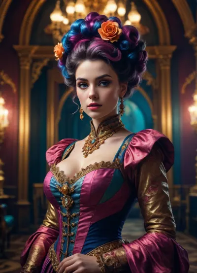Neo-Rococo, Low Poly aesthetic, a strong Montserratian woman atompunk, triadic colors, stunning background. dark and moody, a mesmerizing blend of light and shadow. masterpiece, absurdres, intricate details, curved forms, naturalistic ornamentation, elaborate, decorative, gaudy, <lora:bombshell_v2:.5>