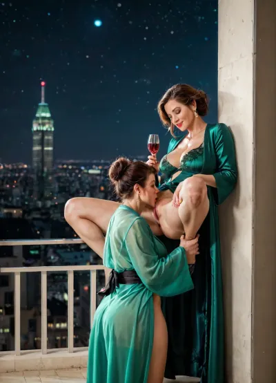 (masterpiece, best quality), (Twilight Photography:1.4), (Italian woman, milf, Sofia:1.1), (emerald green glossy silk chemise, glossy silk night robe), holding glass of wine, (cunnilingus, standing cunnilingus:1.2), aroused, (cinematic lighting), spacious balcony, glass railings, city skyline view, penthouse, (night:1.4), captured with a Leica M10, Leica Summilux 50mm f/1.4 lens, sharp focus, best shadow, 8K, UHD, clear image, extremely sharp, extremely detailed, extremely intricate detail, high res, ultra-high-definition, highly detailed, ultra-sharp textures, finely detailed, perfect skin texture, hyperrealistic lighting, professional photography, full dynamic range, deep contrast, high clarity, realistic depth of field, HDR, perfect exposure, smooth gradients, natural reflections, ultra-fine details, realistic skin pores, individual hair strands, soft shadows, color-pink