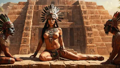 uber realistic image, fullcolor image, full body view, 8K quality, ultra detailed, masterpiece, A highly detailed full body painting, in style of by Julia Bell, a woman n an Aztec cassik wearing ceremonial clothes, 18 years old, skinny, very large heavy breasts, very long legs, very long straight black hair, ((stands next on a sacrificial altar at the top of the Aztec's pyramid, obsidian ritual knife in her hand)), (a male warrior lies on the altar), indian art, fantasy art, with beautiful exotic, pyramid, full hd, metart, commission for, an oil on canvas painting, contest winner, figurative art, young woman with long dark, an airbrush abstract figurative art, style, of, whole body in frame, whole body visible, detailed high definition background, Aztec, Maya, civilization, <lora:tbh264-sdxl:.4>, <lora:Maya Civilization:.7>