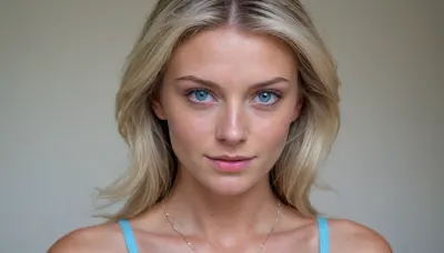 HD masterpiece, amateur candid photo, (one 25 yo dutch woman), stand, (white hair, messy hair, long hair), (thin jaw, square jaw:1.3), (ultra detailed face:1.8), nice teeth, thin face, freckles, (pointy nose:1.3), (tan skin, perfect skin, narrow waist:1.4), fit, (wide hips:1.4), toned, (abs visible:1.2), perfect medium naturals breasts, no bra, (half-close eyes, light-blue eyes:1.6), (purple stockings, necklace), (Sweaty body, heavy Sweating), (ultra detailed image, high resolution, high level of detail)