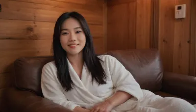 A 30-year-old Asian woman with Long black hair, The woman, Wearing an open white bathrobe, Reclining on a Brown sofa in a small wooden cabin, looking happy and excited. close-up, <lora:hyi:.8>