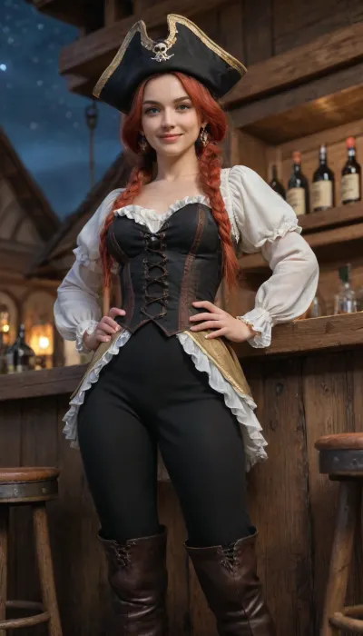 masterpiece, best quality, 1girl, solo, defnlu, red hair, low twintails, sidelocks, parted bangs, blunt bangs, pirate costume, eyepatch, tricorn hat, ruffled blouse, corset, high-waist pants, t1k1, bar, (place), outdoors, counter, bar stool, hands on hips, aqua eyes, very long hair, thigh boots, thatched roof, night, starry sky, looking at viewer, from below, closed mouth, smile