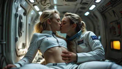 2women, Diana and Maria, full body view of Diana and Maria are astronauts on a space ship and enjoy lesbian oral sex in weightlessness surrounding, (casual kissing nipples by hovering above the ground:1.5), (long detailed hard nipples:1.3), (((hovering bodies:1.5))), ((floating bodies in zero gravity)), (((weightlessness))), Diana is a female 40 years old Astronaut, Diana has a perfect face, a slender and athletic body, blonde long hair, Blue eyes, small breasts, (flat-chested:1.2), (wearing white space uniform:1.4), (half pulled down uniform pants:1), (Dianas body floats weightlessly horizontal in middle of room), Maria is an slender African astronaut with ultra dark skin, highly detailed futuristic huge captain sleeping place on spaceship, LED lamps, low light, different screens, futuristic technic, (supernova outside window), cinematic, (masterpiece, detailed), upside, down, one, cunnilingus, 2girls, girl, licking, pussy, orgasmface, highly detailed, breathtaking, panoramic, but, mad-2cbrrm, mad-1cbrrm, (3D, Framed, Woman), Macabre, <lora:MJ52:1.1>, <lora:BUT_SDXL_SHS:1.1>, <lora:style_lora_realis:1.2>, <lora:Neon_Cyberpunk_Cyberarm_SDXL:1.7>, <lora:add-detail-xl:1.9>