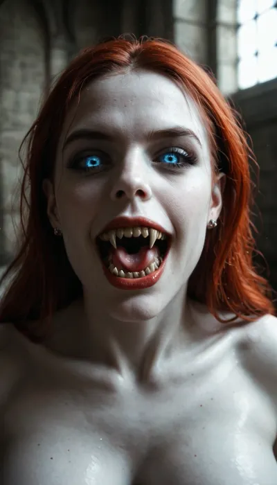 Photographic. Dynamic. View of three, (3), beautiful women with a demon face Vampire Fangs Teeth, their eyes are black and reflective, crawling towards camera on their knees
All have pale skin and black lips, with snarling evil faces. Their breasts are exposed.

The woman on the left is skinny with small exposed breasts and long white hair. The centre woman is slender, with large saggy breasts, black hair with her mouth open showing her impressive long fangs, (she hisses at the viewer), The woman on the right is voluptuous and has red hair, Their legs blend in to the shadows.

They are surrounded by shadows in medieval castle, highly detailed, high budget, bokeh, cinemascope, moody, epic, gorgeous, film grain, grainy, (()), Subspecies, style, black, sclera, eyes, <lora:Subspecies style:.6>, <lora:black sclera:1.6>