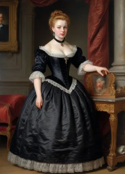 18th century, woman, 40 years old, wearing an elegant velvet dress with rich embroidery and lace, The fabric is light and pastel, and the dress has a narrow waist, a corset, an elongated skirt, a voluminous silhouette, short sleeves with lace frills, delicate lace collar, (Peter, Paul, Rubens, Style:1.6), (John, Constable, Style, page:1.3), <lora:Picture_enhancer:.8>, <lora:Peter Paul Rubens Style:.8>, <lora:John Constable Style:.8>