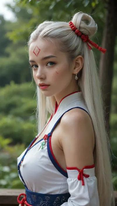 (Side view), front view, upper body, erect nipples, dynamic shot, (medium), 1girl, solo, long hair, white hair, hair ornament, detached sleeves, multicolored hair, dress, bangs, facial mark, green eyes, Japanese clothes, earrings, hair bun, jewelry, lipstick, very long hair, double bun, forehead mark, hair rings, white thighhighs, red shoes, portrait shot. outdoors, Asia, Asian, Chinese, (pin-up pose)