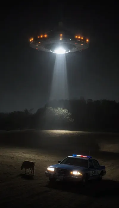 a thin, solitary sheriff wearing an open beige sheriff's uniform jacket and a cowboy hat, (beige uniform:1), stands next to her, (highly detailed police car with ultra-bright hazard lights:1.8), (bright police lights magically illuminate the night), (blonde sheriff looks at a spaceship hovering over a cow pasture:1.8), (looks at round spaceship:1.2), surreal situation, (conical, vertical, bright tracking beam, centered under the spaceship, shines down onto the pasture:1.9), (beam lifts a cow high in the sky:1.7), novuschroma38, style, DonMN1gh7XL, John, Berkey, Style, page, FRESHIDEAS, Real, Photography, 2#, <lora:CBS_novuschroma38 style:.8>, <lora:DonMN1gh7rXL-000006:1.5>, <lora:dark:.8>, <lora:John Berkey Style:1.7>, <lora:FRESHIDEAS Real Photography 2#:.3>