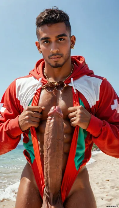 19-year old male lifeguard wearing a hoodie and male sling swimsuit at the beach, latino thug, hair style is a buzzcut, straight hair, photo, portrait, penis, Big, cock, <lora:real-humans-PublicPrompts:.8>, <lora:xpenis-1.5e:1.7>, <lora:pein:1.5>