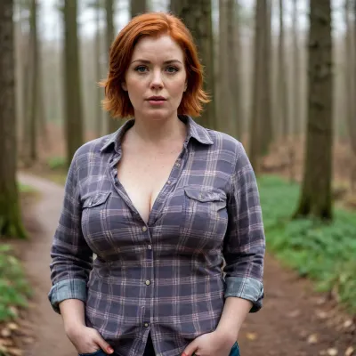 A red-haired, freckled mature chubby woman, (short straight wet hair), .very big boobs., (plaid shirt with sleeves rolled up at the forearms), . Huge breasts, large nipples., (strong large shoulders), . Very large lips., (The mouth is large, very thick-lipped.), ., (strong forearms), . Brown eyes., (wristwatch on one hand), . Lustful look., (raised eyebrow), .Full length view In the village. Forest.
