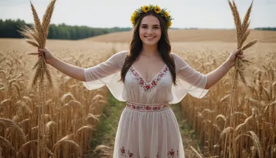 captivating young dark-brunette well-built Ukrainian girl, smiling, desirable plus-size breasts and thighs, translucent fine fabric loose-fitting embroidered extra long Ukrainian blouse and skirt covering knees on completely bare body, barefoot, a wreath made of wheat spikes on