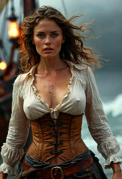 Cowboy shot, Pirate Queen — Helm in the Storm 17th-century busty gorgeous pirate captain at the helm of her ship in an undone linen shirt over a corset, large breasts with enormous areolae and puffy nipples, upper torso and a hint of cleavage visible exposed boobs, wind-torn coat, wave-spray, dramatic storm lighting, rugged photorealism, but, braless, Wearing, clothes, that, make, sense, with, Braless>, <lora:MJ52:2>, <lora:BUT_SDXL_SHS:.3>, <lora:add-detail-xl:2>, <lora:bralessSDXL_v1_00022:1.5>