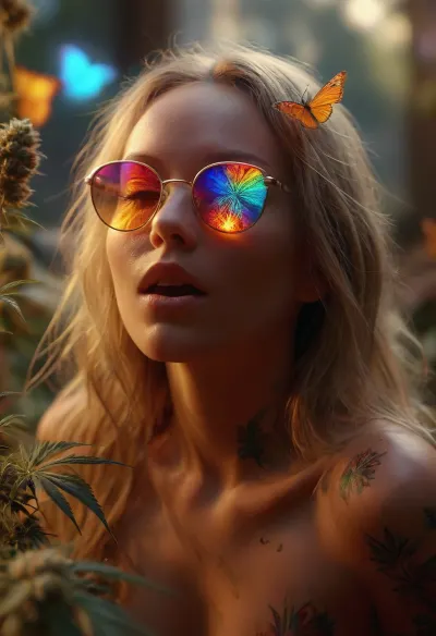 (warm ambient light:1.5), A slim, flat-chested, sexy, colorful dressed hippie sits in the monastery, jerking phallus cannabis bud, (huge phallus look alike detailed cannabis bud:1.6), In the garden, there are numerous cannabis plants in full bloom, (perfect cannabis buds:1.5), perfect face, (orgasm face:1.7), (moaning:1.6), (perfect detailed blonde dreadlocks:1), (surrounded by a large swarm of colorful cannabis_butterflies:1.5), tattooed, wears silver metal sunglasses with extremely small circular yellow lenses, looking at the viewer, (detailed reflection in the lenses of flowering cannabis plants:1), silent smile, perfect hands, it's a late summer afternoon, the sun is low and backlights the scene, rays of sunlight beautifully break through the smoke. Happy, content, satisfied, smiling, the focus is on the hippie, dirty, slutty, naughty thoughts, seductive, lustful, needy, aroused, (lascivious posing:1.6), shows her sexy highly detailed nipples, various perspectives, naughty posing, all over tattooed, dreadlocks, small butt, the background is blurred, the entire image is designed using technical parameters to create a warm, romantic atmosphere. Ganja, flowers, cannabis, marijuana, leaves, plants, resin, glands, nugs, edgFae, flower, fairy, style, wearing, sunlight_str1, vibrant, dream, pale, reality, elven, architecture, cloudy, smoke, atmospheric, clouds, fog, intricate detail, highly detailed, breathtaking, panoramic, cinematic, (3D, Framed, Woman), Cat, Skull, Flowers, Bird, Macabre, psychedelicai, orgasmface, DonMSp3ctr4lXL, <lora:MJ52:2>, <lora:psychedelicai-SDXL:2>, <lora:orgasmface_SDXL:1.9>, <lora:DonMSp3ctr4lXL-000008:1.8>