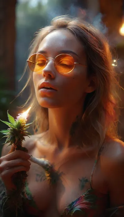 (warm ambient light:1.5), A slim, flat-chested, sexy, colorful dressed hippie sits in the monastery, looks at huge phallus look alike detailed cannabis bud, (jerks huge phallus cannabis bud like an erected penis:1.6), in the garden, there are numerous cannabis plants in full bloom, (perfect cannabis buds:1.5), perfect face, (orgasm face:1.7), (moaning:1.6), (perfect detailed blonde dreadlocks:1), tattooed, wears silver metal sunglasses with extremely small circular yellow lenses, looking at the viewer, (detailed reflection in the lenses of flowering cannabis plants:1), silent smile, perfect hands, it's a late summer afternoon, the sun is low and backlights the scene, rays of sunlight beautifully break through the smoke. Happy, content, satisfied, smiling, the focus is on the hippie, dirty, slutty, naughty thoughts, seductive, lustful, needy, aroused, (lascivious posing:1.6), shows her sexy highly detailed nipples, various perspectives, naughty posing, all over tattooed, dreadlocks, small butt, the background is blurred, the entire image is designed using technical parameters to create a warm, romantic atmosphere. Ganja, flowers, cannabis, marijuana, leaves, plants, resin, glands, nugs, edgFae, flower, fairy, style, wearing, sunlight_str1, vibrant, dream, pale, reality, elven, architecture, cloudy, smoke, atmospheric, clouds, fog, intricate detail, highly detailed, breathtaking, panoramic, cinematic, (3D, Framed, Woman), Cat, Skull, Flowers, Bird, Macabre, psychedelicai, orgasmface, Colorsplash, DonMSp3ctr4lXL, <lora:MJ52:2>, <lora:psychedelicai-SDXL:2>, <lora:orgasmface_SDXL:1.9>, <lora:SDXLPaintSplash:.8>, <lora:DonMSp3ctr4lXL-000008:.8>