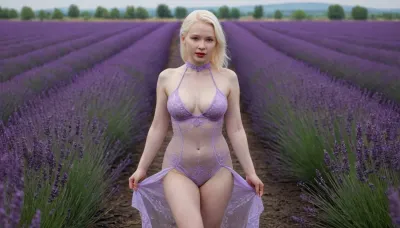 captivating young 5-feet albino Ukrainian girl, chubby, smiling, desirable big breasts and thighs, traditional lavender patternless invisible cheongsam of spiderweb density on completely bare body, barefoot, warm summer rain, lavender field intensely blooming, dawn