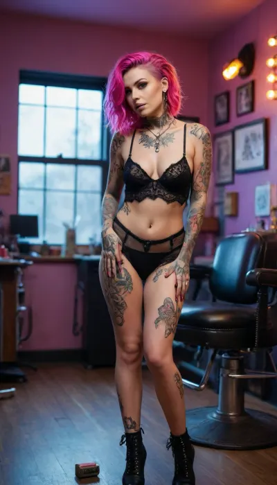 a bold and edgy portrait of a tattoo artist working in a vibrant, neon-lit studio. The woman exudes confidence and creativity, dressed in dark, lacy lingerie adorned with subtle punk-inspired details such as studded accessories and leather straps. Her body is a canvas of art, with intricate, vividly colored tattoos covering her arms, back, and legs, creating a striking visual contrast against her dark outfit. The setting is a dynamic and artistic tattoo studio filled with character and detail. Vintage tattoo machines and an array of colorful ink bottles are neatly arranged on her workstation, while a classic barber chair sits in the center of the space. The walls are decorated with framed flash art and intricate designs, reflecting the vibrant and rebellious spirit of the environment. The lighting is dim yet dynamic, with soft neon hues—pinks, purples, and blues—casting a moody, atmospheric glow throughout the scene. The interplay of light and shadow enhances the details of her tattoos, the textures of her lingerie, and the edgy decor of the studio. Her expression is focused and determined as she leans over her work, embodying the boldness and artistry of her craft. The overall composition is hyper-detailed and cinematic, blending the raw energy of the punk aesthetic with the vibrant allure of neon-lit artistry, creating a powerful and visually captivating scene.