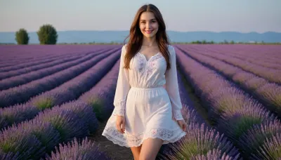 captivating young 5-feet brunette Ukrainian girl, smiling, desirable big breasts and thighs, traditional fine fabric loose-fitting snow-white embroidered extra long Ukrainian blouse and skirt covering knees on completely bare body, barefoot, clear blue sky, lavender field intensely blooming, sunrise