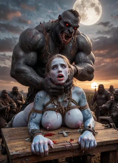 female drow elf barbarian, (blue skin:1.82), tall, angry, busty, curvy, thin waist, big boobs, big butt, slim, fit, vitiligo, strong, fur pelt armor, dungeons and dragons, purplish blue skin, black and purple hair, Dark, Elf, Warrior, Drow, tattooed, scarred, purple eyes, blue skin, amazon, giant, fur barbarian armor, bloody, blood spatter, bear, bear heart, (in a bloody filed after a battle, white full moon in the sky:1.4), (man is choking her from behind:1.4), ((hogtied, bound with large chains, crucified to a torture table, spikes through hands:1.3)), (torture:1.32), (large sharp sword in anus:1.12), cock in mouth, (brutal face fuck), Blowjob, (tears in eyes:1.5), (running makeup), (cum drips from nose:1.3), (cum drips from mouth:1.3), ultra hd, photorealistic, hyper gigantic large black cock in mouth, (((hyper gigantic large black cock in mouth:1.3))), oral cream pie, hair grab, sad crying, tongue out, gasping for air, zavy-brbrn, gangbang, double anal penetration, anal spitroast, groupsex, deepthroat, (4 gigantic African black brute thug, huge trunklike arms, huge head, hyper muscular body, dressed in slave clothes:1.32), ((hogtied, bound for sex, tied up)), (((hyper gigantic large white cock in mouth:1.3))), (pulled nipples:1.2), nipple clamps, (((spitroast))), (((hyper large cock in mouth:1.3))), screaming, shocked, deep anal penetration, Uber realistic, 8k, ultra detailed, masterpiece, arched back, detailxl, 35mm photograph, film, professional, 4k, 1girl, 5 boys, hdr, photographic, ultra realistic, ultra high details, back light, (front view), (dynamic pose), best quality, incredibly lean body, anal sex, with large muscular black men, gargantuan black cocks, large hyper muscular fat old men, (double anal sex), swollen white veiny cocks, (double anal penetration), hardcore double penetration, proper physics, big white cocks, muscular white double anal gangbang, (forceful penetrations), extremely graphic, shocked expression, beautiful hands, defeating a woman in combat, fighting, killing, blood, winning fight, magazine cover, Realism_Quality_2xx_By_Stable_Yogi, score_9, score_8_up, score_7_up, (((very pretty face:1.3))), (((extremely ultra detailed face:1.3))), perfect fingers and hands, upper body view, (extreme size difference:1.6), (ultra realistic), (maximum quality), (high resolution), (extreme detail), (ultra realism), UHD, super high quality, highly detailed, high resolution, perfect lighting, natural lighting, (dynamic angle), (random angle), (random pose), (dynamic view), (random view), golden hour, rich details, nature-inspired color palette, <lora:Dark_Elf_Warrior:2>, <lora:Drow:2>, <lora:339100_training_data:2>, <lora:zavy-brbrn-sdxl:2>, <lora:LCMTurboMix_Euler_A_fix:2>