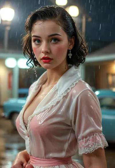 Strong 1950s retro vibe, look over the shoulder, in 1951 a breathtakingly beautiful very busty black-haired 18-year-old coed dressed for a sock hop stands outside a college gymnasium in the pouring rain, very large natural breasts, button-down shirt, neck scarf, (poodle skirt decorated with an embroidered poodle), white lace socks, saddle shoes, makeup, beautiful expressive eyes, romantic, nighttime, lots of rain in the air, retro 1950s hair and makeup and clothes and setting, masterpiece, key visual, incredibly detailed, score_9, soakingwetclothes, magazine cover, best quality, ultra-detailed, finely detail, highres, 8k wallpaper, intricate, highly detailed, insanely detailed, best lighting, perfect illumination, (best illumination), (best shadow, best shadows), full scene picture, full-length photo, ((ultra-detailed)), (intricate details:.6), professional photography, photo-realism, award winning photography, dslr, hyperrealistic, 35 mm, (Fujifilm XT3, analog style, professional DSLR photo, film grain:.8), 8k high definition, Great Composition, highly complex, (intricate detail:1.2), Ensure ultra-high-detail, photorealism, and crystal clear 32k resolution for a true masterpiece, hdri light, realistic lighting, ultra high resolution, clear focus, depth of field, 32k, 30 mm lens, 1/250 s, f/2.8, ISO 300, UHD 8K, high resolution face, perfect anatomic body, perfect waist, extremely beautiful face, <lora:soakingwetclothesXL:1.4>, <lora:MJ52:.8>, <lora:add-detail-xl:.8>