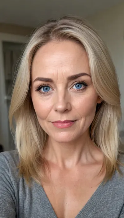 An aged 65 year old woman posing with long light blonde hair with steaks of grey, the hair is medium-length, (very straight), and neatly parted in the center with strands of hair framing her face.
She has blue eyes that are deep-set, the eyes are medium in size and thin, and appear to have a neutral or contemplative expression. Her eyebrows are very light blonde in colour, they are thin, and follow a slightly curved shape.
Her aging face is elongated and slightly angular, with a defined but softer jawline. Her nose is straight and proportionate, with a slightly rounded tip.
Her cheeks are gently contoured with a slight hollowness that accentuates the structure of the face.
Her jawline is well-defined but softened by age, tapering into a slightly pointed chin.
Her lips are very thin, and neutral in expression, with no visible smile.
Her neck shows visible lines and natural aging.
Her skin is fair and shows natural signs of aging, including fine lines and wrinkles around the eyes, wrinkes on forehead, and wrinkes around the mouth area.
She has size 34b breasts.
She is standing fully naked in full view of the camera., blonde, wrinkles, jewelry, long, hair, short, smiling, 1girl, blue, eyes, <lora:Older_woman-000008:.3>