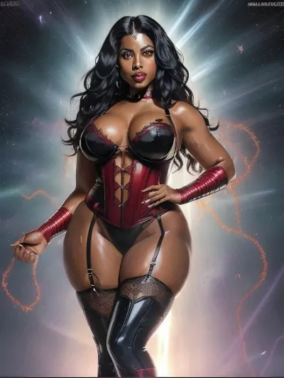 (((Marvel Comics company advertisement page photoshoot with Title))), 28 year old 5'8 model, half Haitian and Indian bengali woman, witch woman, full body view, ((wearing a lingerie laced embroidery full outfit)), ((curvy thick body)), long wavy hair, thick thighs, (((sweaty oiled glistening shining glowing wet skin and body))), wearing heavy shiny glossy wet skin