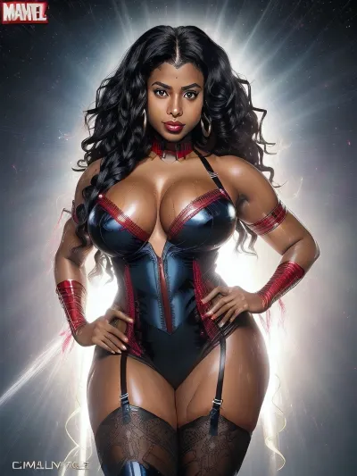(((Marvel Comics company advertisement page photoshoot with Title))), 28 year old 5'8 model, half Haitian and Indian bengali woman, witch woman, full body view, ((wearing a lingerie laced embroidery full outfit)), ((curvy thick body)), long wavy hair, thick thighs, (((sweaty oiled glistening shining glowing wet skin and body))), wearing heavy shiny glossy wet skin, sideview