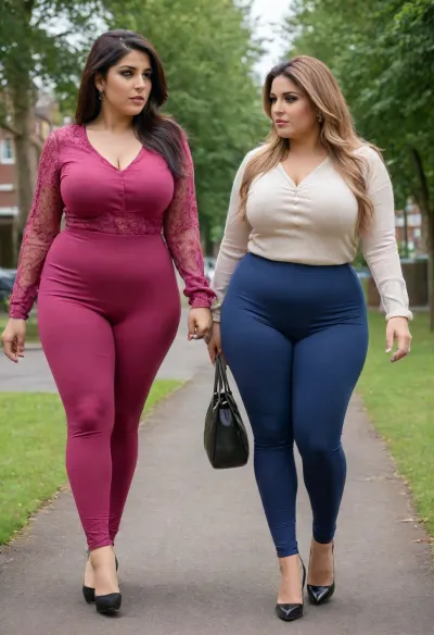 ((2 girls)), Two very sexy sassy Pakistani corporate MILFs, ((sbbw, snatched waist, big booty)), ((Pakistani clothing, leggings, heels, dyed European hair)), UK school run, summer, day off