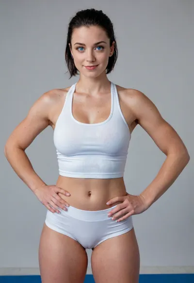 girl, 25 yo, photon, blue eyes, shorthaircurt, angle jawbones, black hair, light blue eyes, perfect eyes, no bra, smile, hard puffy nipples, middle breasts, realistic nipples, big hips, round ass big butt, masterpiece, wearing tight white sports top, underboobs, wearing tight black sports shorts, blue sport sneakers, make training sport