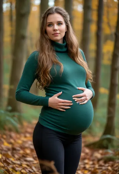 (masterpiece, best quality:1.2), 1 czech 18yo woman, (jade neck sweater, leggings:1.4), ((fully clothed)), (((big silicon tits:1.3))), outdoors, longest brunette hair, hair combed back to ponytail, green eyes, shocked face, in autumn forest, photorealism, she is walking a German Shepherd, <lora:style_lora_realis:.5>, <lora:708827_training_data:.6>, (large pregnant belly:1.9), (very big volume of hair:1.7)