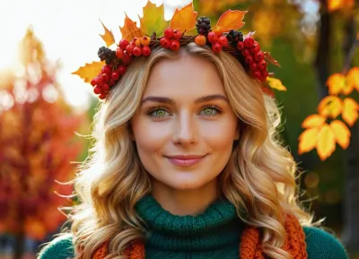 (Close-up portrait of a young woman with a vibrant autumn leaf wreath on her head), (blonde wavy hair), (bright green eyes), (soft smile), (red knitted sweater), surrounded by, (blurred autumn foliage and orange berries), in the background., (Warm golden hour lighting), (soft dappled sunlight), (bokeh effect), (shallow depth of field), . Natural composition, outdoor setting, fall season, autumnal colors, happiness, serene expression. Professional photography, sharp focus on face, detailed texture., NEGATIVE_HANDS