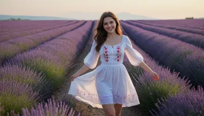 captivating young 5-feet brunette Ukrainian girl, smiling, desirable big breasts and thighs, traditional fine fabric loose-fitting snow-white embroidered extra long Ukrainian blouse and skirt covering knees on completely bare body, barefoot, clear blue sky, lavender field intensely blooming, sunrise