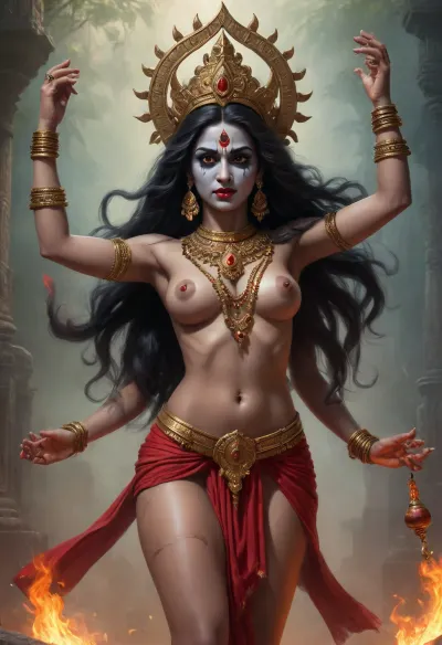 Photorealistic, high definition, Hindu goddess Kali, sexy, sexy legs, midriff, large breasts, **AI Image Generator Prompt, **

"Create a photorealistic image of the Hindu goddess Kali, depicted in her most iconic and fierce form. Kali has dark, almost black skin, symbolizing her connection to the divine and the infinite. Her long, disheveled black hair flows wildly around her face and shoulders, adding to her fierce, untamed nature. Her face is strikingly intense, with wide, fierce eyes that convey both power and wrath. Her mouth is open, revealing her long, sharp teeth and her iconic protruding, blood-red tongue, which gives her a terrifying yet captivating look.

Kali is adorned with various ornaments that emphasize her divine power. She wears a necklace made of severed heads, symbolizing the destruction of ego and the transience of life. Her arms are multiple, usually depicted as four or more, with each hand holding different symbolic items, a sword, a trident, and a severed head, while her other hands may be in mudras or gestures of blessing and protection. Her attire consists of a simple, flowing skirt made of human arms or sometimes a cloth adorned with skulls. She stands on the body of her consort, Lord Shiva, symbolizing the balance of creation and destruction, life and death. Her posture is dynamic and powerful, with one foot lifted, ready to stomp. She exudes an aura of fearlessness and strength, as her fierce energy radiates throughout the scene.

The background is typically a dark, chaotic environment, with swirling flames or the dark night sky, emphasizing her association with destruction and transformation. Despite her intimidating appearance, there is an undeniable sense of profound spirituality and liberation in her presence, embodying both the terrifying and transformative aspects of existence."