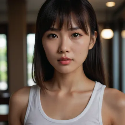 A 25-year-old Taiwanese woman, straight bangs, delicate features, slightly pursed lips, white Cropped tank top, close up, focus on face