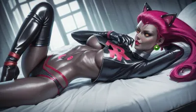 (((((Jessie from Pokemon))))), (((black skin))), manicured claws, realistic, beautiful eyes, black suit, catwoman, character concept, dutch angle, tattoo on stomach, breasts, demon wings, demon horns, underwear, sexy pose on the bed