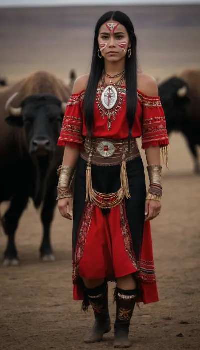 beautiful american nativ siux women, full body view, traditional siux clothes, long straight brilliant black hair. proud . tough face, backgroung praire with buffalos, she dance a traditional dance, taditional face painting