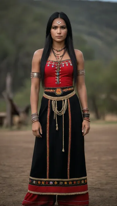 beautiful american nativ siux women, full body view, traditional siux clothes, long straight brilliant black hair. proud . tough face, backgroung praire with hoses, she dance a traditional dance, taditional face painting