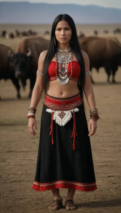 beautiful american nativ siux women, full body view, traditional siux clothes, long straight brilliant black hair. proud . tough face, backgroung praire with buffalos, she dance a traditional dance