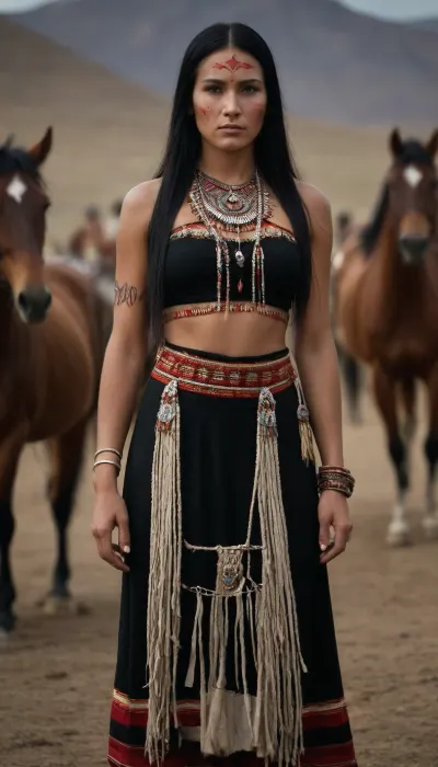beautiful american nativ siux women, full body view, traditional siux clothes, long straight brilliant black hair. proud . tough ungry face, backgroung praire with horses, she dance a traditional dance, taditional face painting