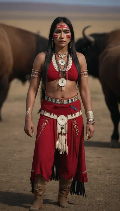 beautiful american nativ sioux women, full body view, traditional siux clothes, long straight brilliant black hair. proud . tough face, backgroung praire with buffalos, she dance a traditional dance, taditional face painting