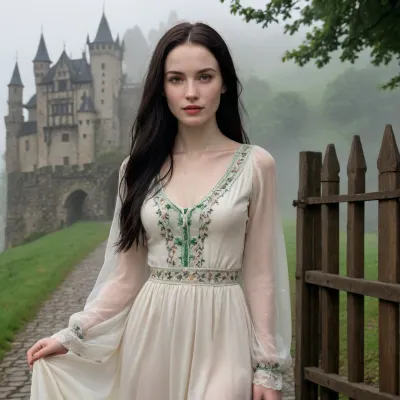 (masterpiece:1.6), (best quality:1.5), hyper-realistic, ultra-detailed close-up of a stunning 28-year-old Romanian peasant woman, (Romanian ethnicity:1.4), (radiant pale skin with micro-textured pores, subtle freckles:1.5), (piercing emerald eyes softly glowing:1.4), (long, loose black hair with wind-swept strands:1.4), wearing a, (sheer, low-cut, barely-covering embroidered Romanian blouse:1.5), (short, loose skirt revealing legs:1.4), entering Dracula's castle through a, (wooden gate in a stone bridge:1.5), (gothic medieval castle on a misty hill, jagged spires:1.6), lit by a, (flickering silver candelabra in hand casting dramatic shadows:1.5), (warm torch light, moonlight Misty:1.4), . Hands, (perfectly sculpted, slender, and precise fingers:1.6), with a, (bold, seductive gaze, parted lips:1.5), ., (Swirling fog, cobwebs, stormy clouds with lightning, rugged mountains:1.4)