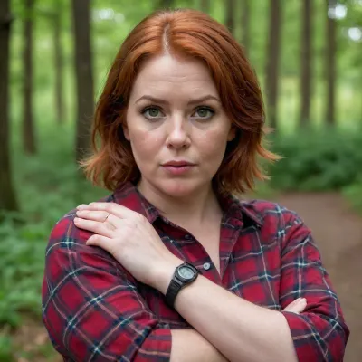 A red-haired, freckled mature chubby woman, (short straight wet hair), .very big boobs., (plaid shirt with sleeves rolled up at the forearms), . Huge breasts, large nipples., (strong large shoulders), . Very large lips., (The mouth is large, very thick-lipped.), ., (strong forearms), . Brown eyes., (wristwatch on one hand), . Lustful look., (raised eyebrow), .Full length view In the village. Forest.