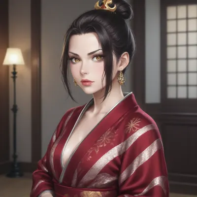 Azula from Avatar, photo of sexy brunette with pouty lips, DD cup size, shiny black pvc kimono, dark bedroom, flash photography