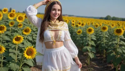 captivating young 5-feet brunette Ukrainian girl, smiling, desirable big breasts and thighs, traditional fine fabric loose-fitting snow-white gold-embroidered extra long Ukrainian blouse and skirt covering knees on completely bare body, a gold-embroidered snow-white scarf over head, barefoot, clear blue sky, lush human-height sunflowers intensely blooming, sunrise