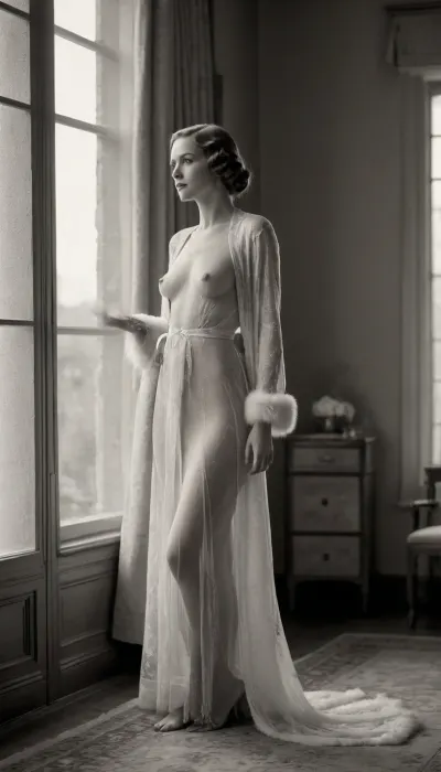 art deco style, full body portrait, woman 35 years old in a ornated room, view from the door at her chair at the window, She is dressed in a long transparent robe trimmed with fur, she looking at the window, showing small naked breasts, flat chest, (1930s lightly monochrome photography)