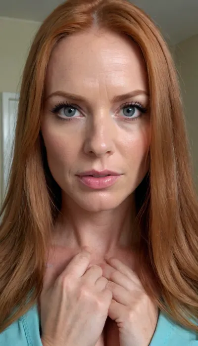 Wearing surgical scrubs, sexy eyes, locking lips, sexy expressions pov style, eye contact, Sexy ginger, long sleek hair, 50 year old dark teint, naked, gorgeous slim body, detailed body, petite, sexy face, obidient but sexy face expression, small boobs, gorgeous, perfectly drawn hands, flawless hands, textured natural face, ultra realistic, 4k uhd, high quality render, wow, super sexy