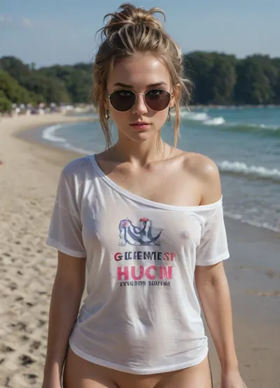 3/4 view of a blonde woman walking on a sunny beach. She wears headphones, sunglasses and a long off shoulder T-shirt, thin pink fabric, she is braless. Looking left. No makeup, messy updo hair, sleepy head, shaved pussy, (bottomless:1), (see through:.8)