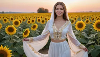 captivating young 5-feet brunette Ukrainian girl, smiling, desirable big breasts and thighs, traditional fine fabric loose-fitting snow-white gold-embroidered extra long Ukrainian blouse and skirt covering knees on completely bare body, a gold-embroidered snow-white scarf over head, barefoot, clear blue sky, lush human-height sunflowers intensely blooming, sunrise