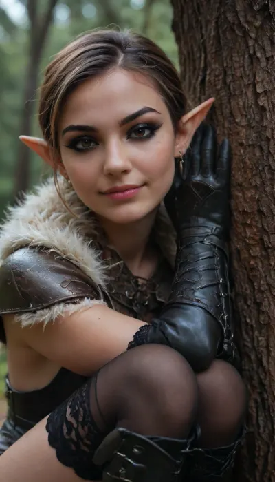 ((HD photorealistic, close up face)), (leather armor with fur trim), Beautiful 35 year old caucasian female elf., pointed ears., (leather gauntlets:1.3), (lace thigh high black stockings:1.3), (high leather boots with fur trim:1.3), brown hair with blonde highlights, wild, messy short hair, shaved., light brown eyes, (dark eyeliner:1.5), smokey eyes., thin nose., medium round breasts., thin, athletic build., ((in a forest in the rain., sitting against a tree, knees up to her chest, arms resting on knees, head turned to the side, smiling, flirty, eye contact)), close-up face, <lora:PerfectEyesXL:2>, <lora:454069_training_data:2>, <lora:HGHD_FEMALE_ELF_STYLE-000009:2>, <lora:add-detail-xl:2>
